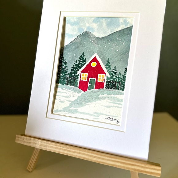 🎉SALE! Hand-Made New Watercolor Art Cozy Red Hut in the Mountains - Picture 3 of 8